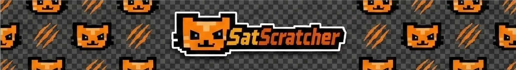 SatScratcher — pixel-art cat lockup on a tiled cat-and-claw-mark background