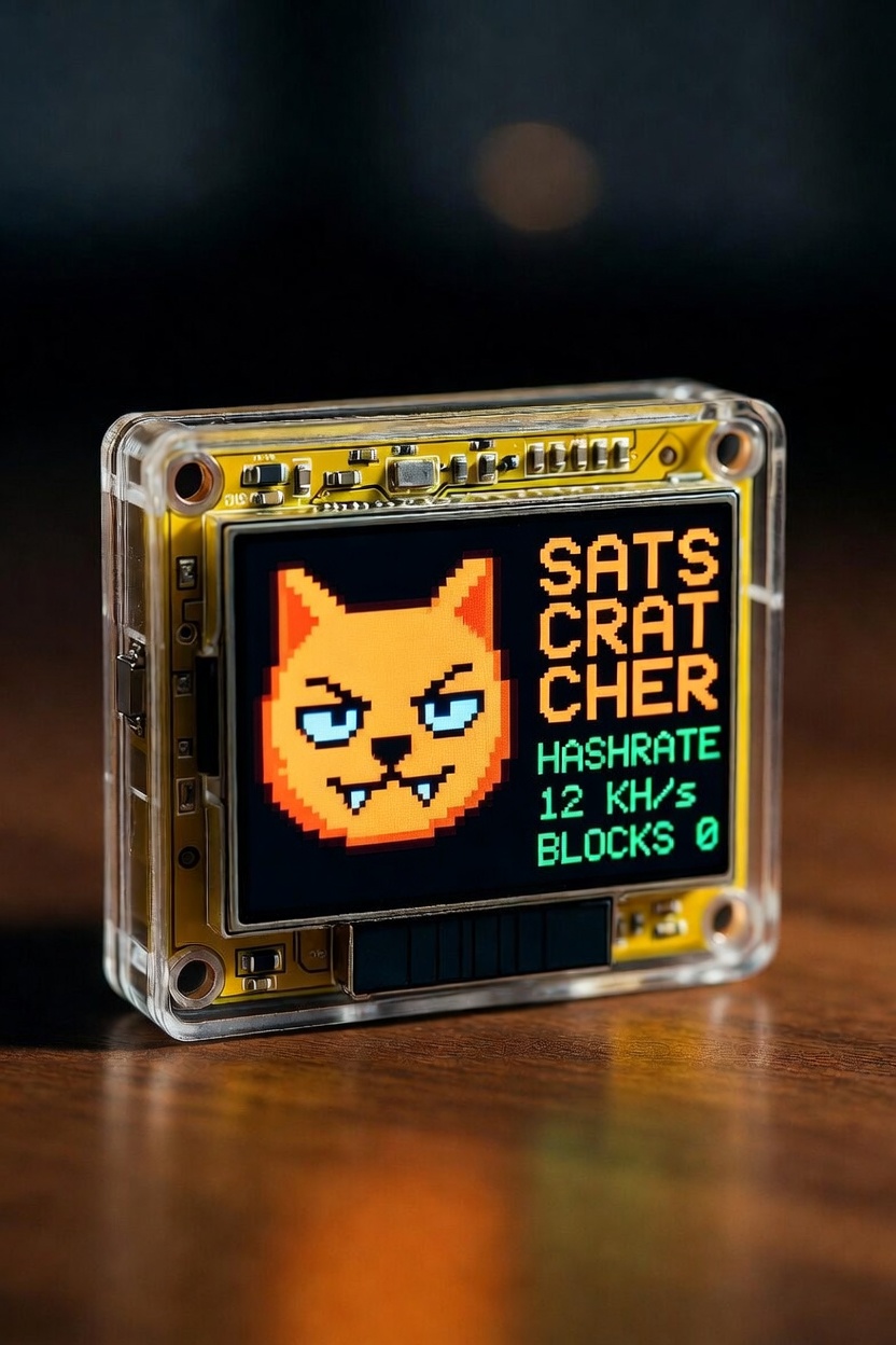 SatScratcher: a yellow ESP32 CYD board in a clear case, screen showing the orange pixel-cat mascot next to a live SATSCRATCHER / HASHRATE 12 KH/s / BLOCKS 0 readout, sitting on a dark wood desk